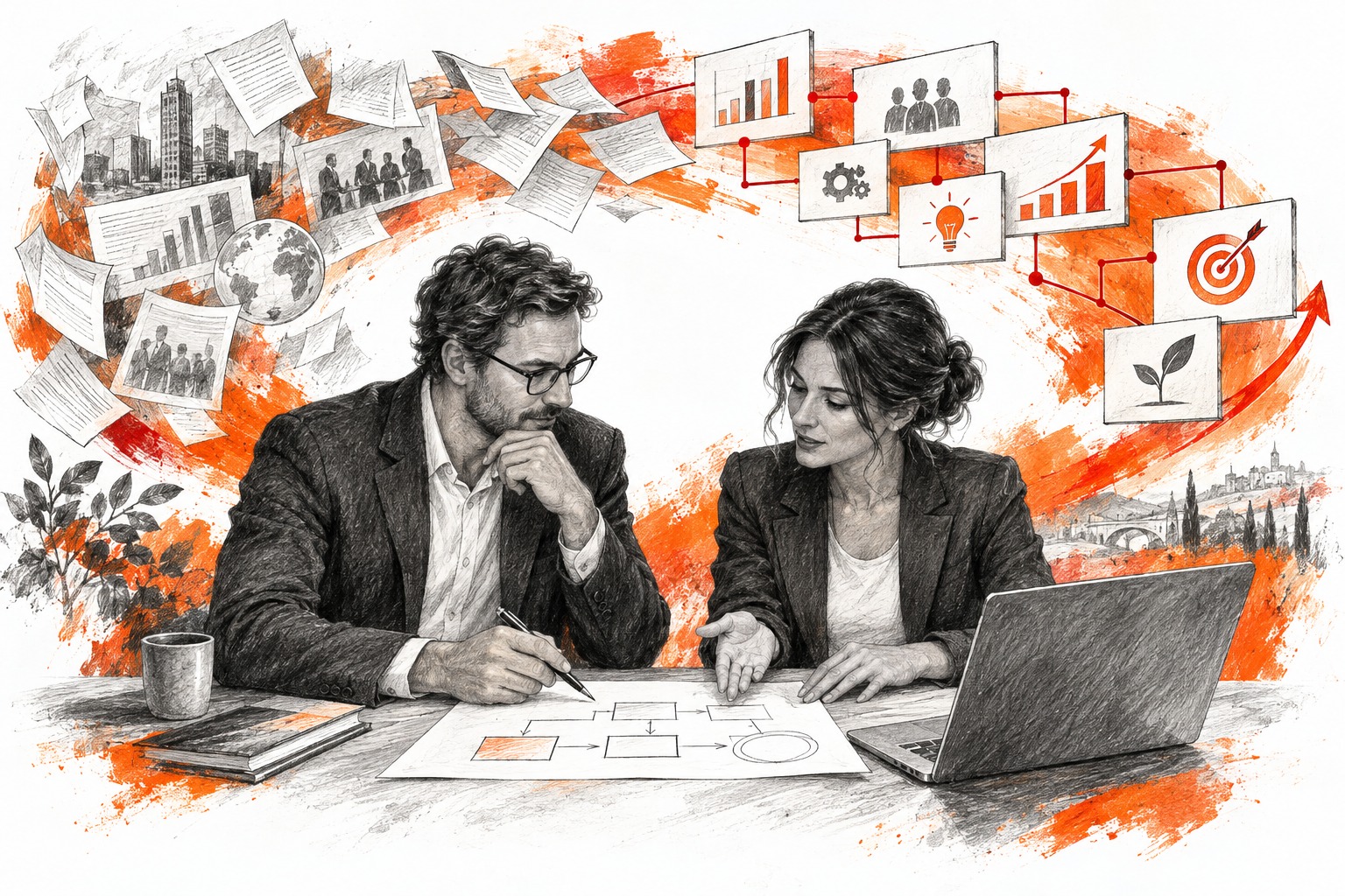 Rimon illustration of two colleagues mapping a workflow together