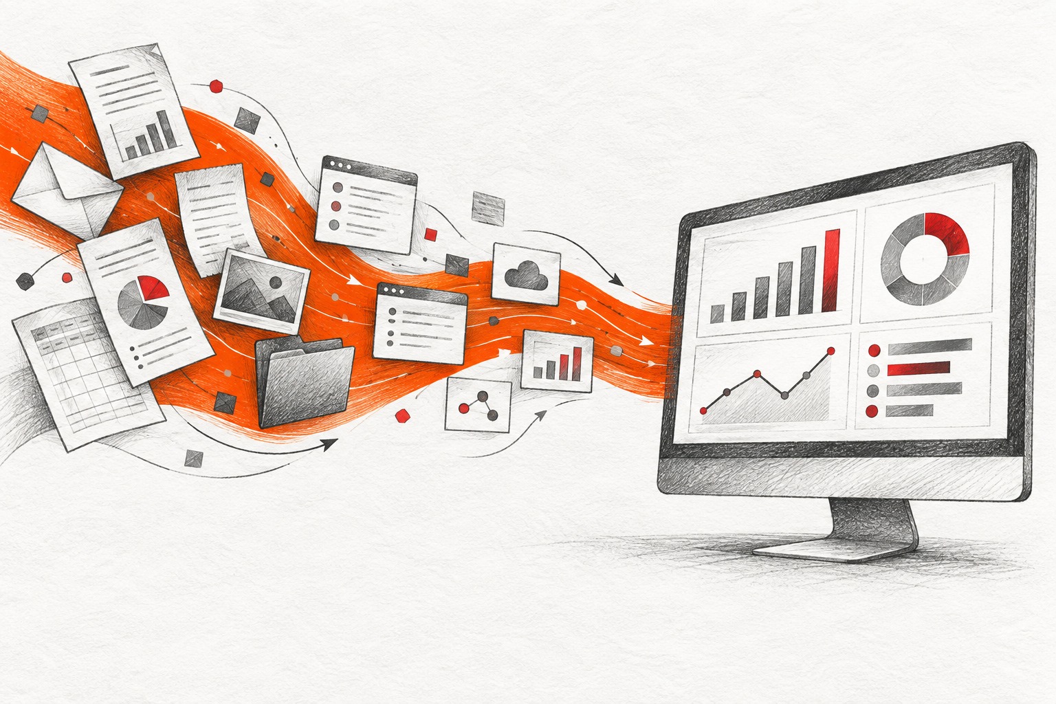 Rimon illustration of documents and information flowing into a connected dashboard