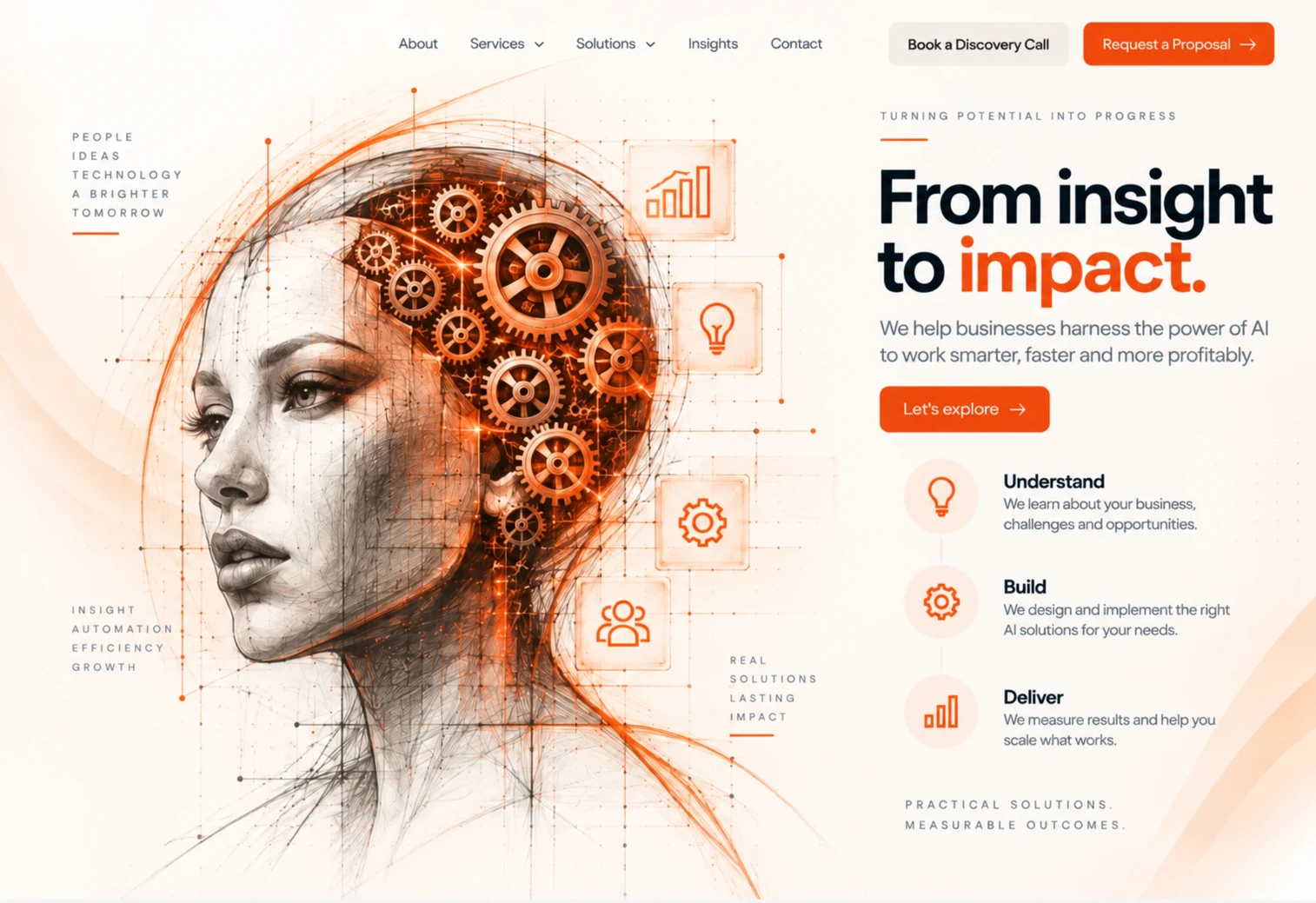 Rimon AI concept artwork: a human profile with mechanical gears, linking insight to impact