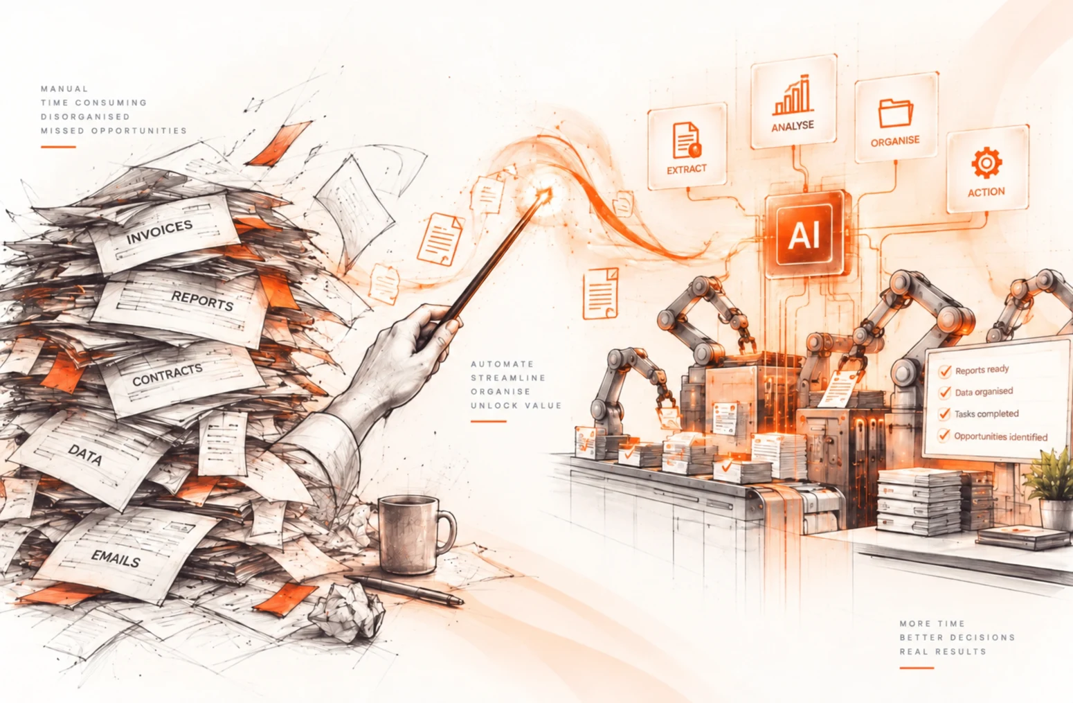Rimon illustration of scattered invoices, reports and emails becoming an organised AI-assisted workflow