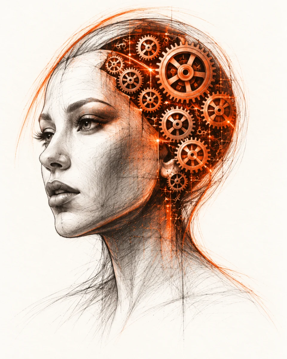 A finely sketched woman's portrait with orange mechanical gears inside her head